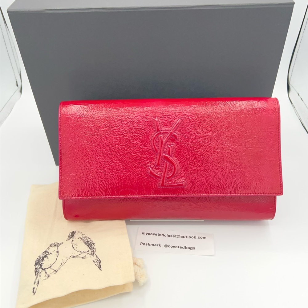 YSL Belle Du Jour patent clutch in a gorgeous pinky red! Nice vintage condition!